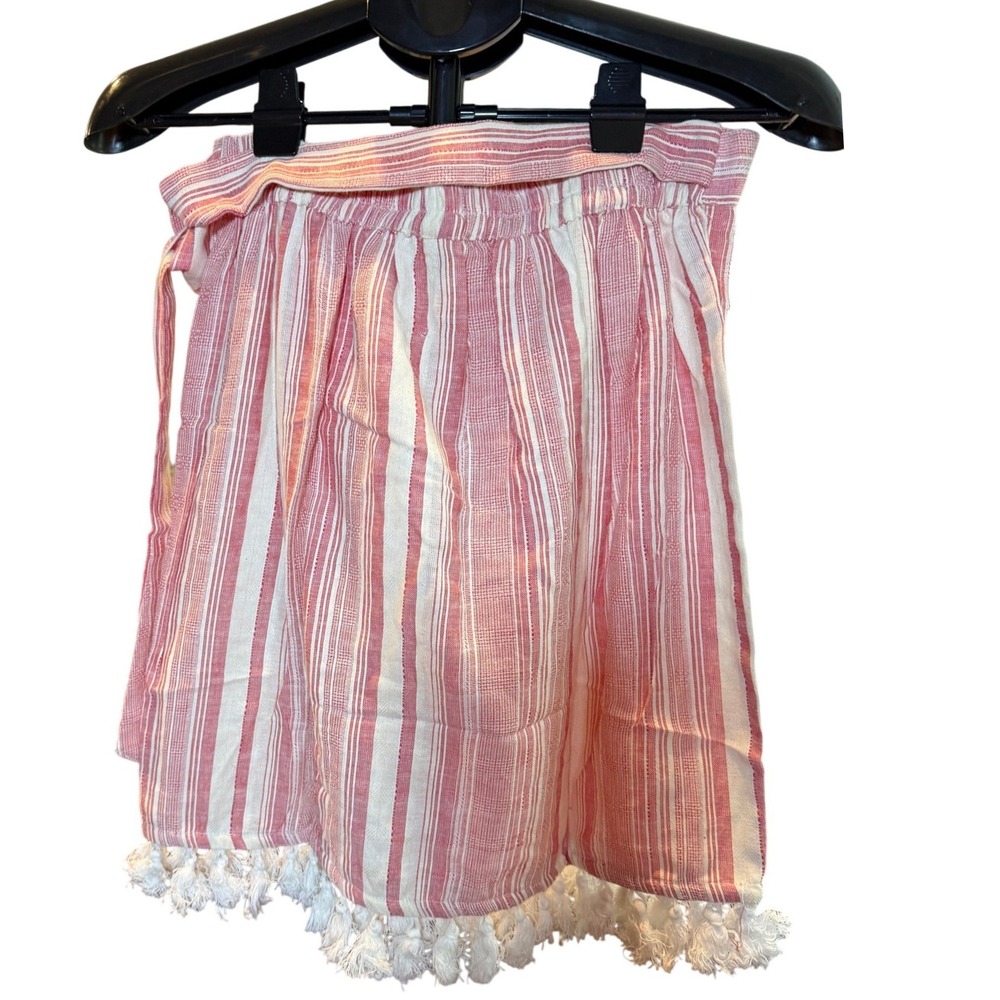 Raga Red Cream Striped Tassel Trim Cotton Wrap Mini Skirt Womens Size Medium NWT - Picture 2 of 5